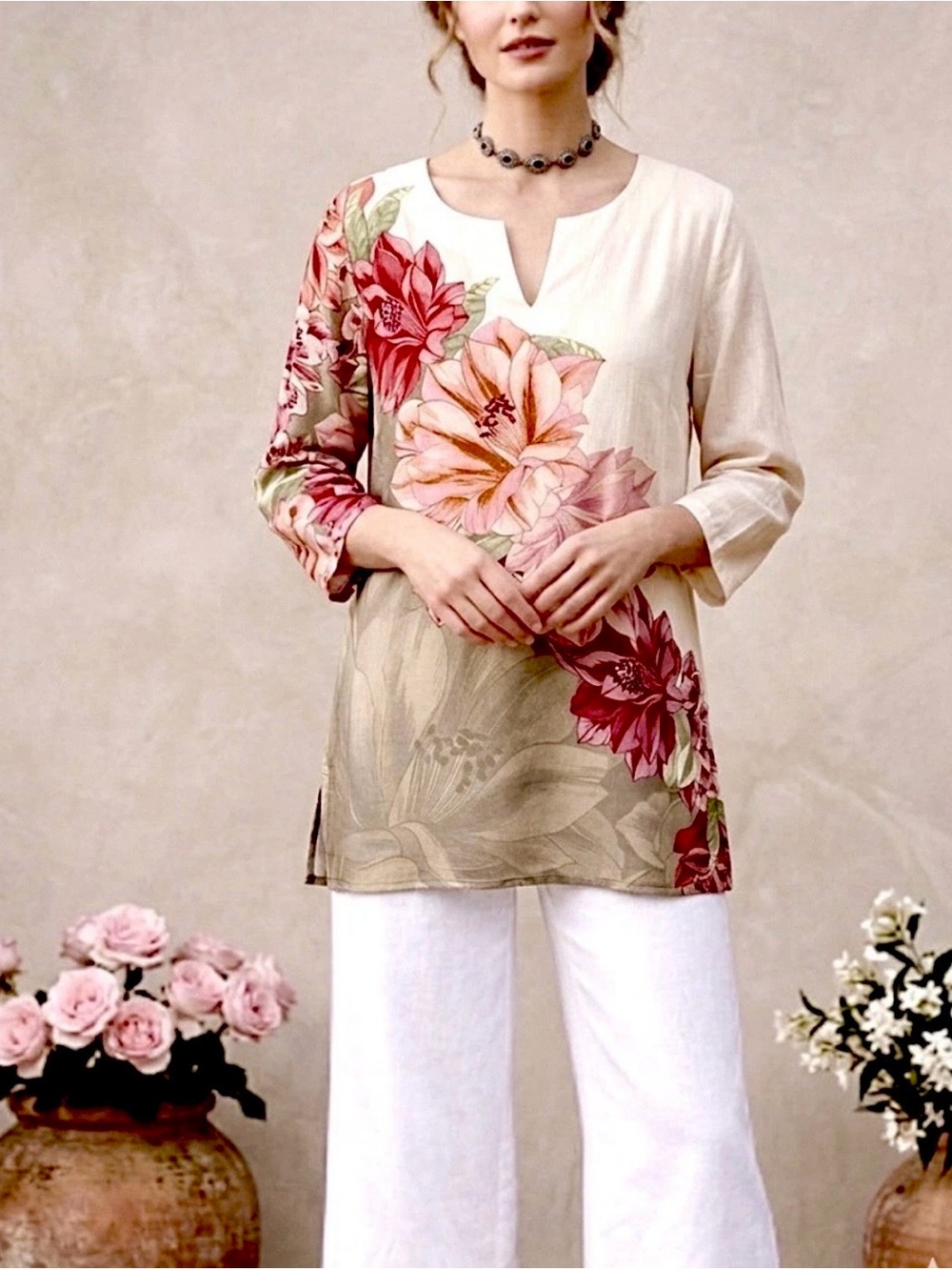 SOFT SURROUNDINGS FLORAL RAYON TOP M/L BOLD STATEMENT ARTSY 3/4 SLEEVE ROMANTIC